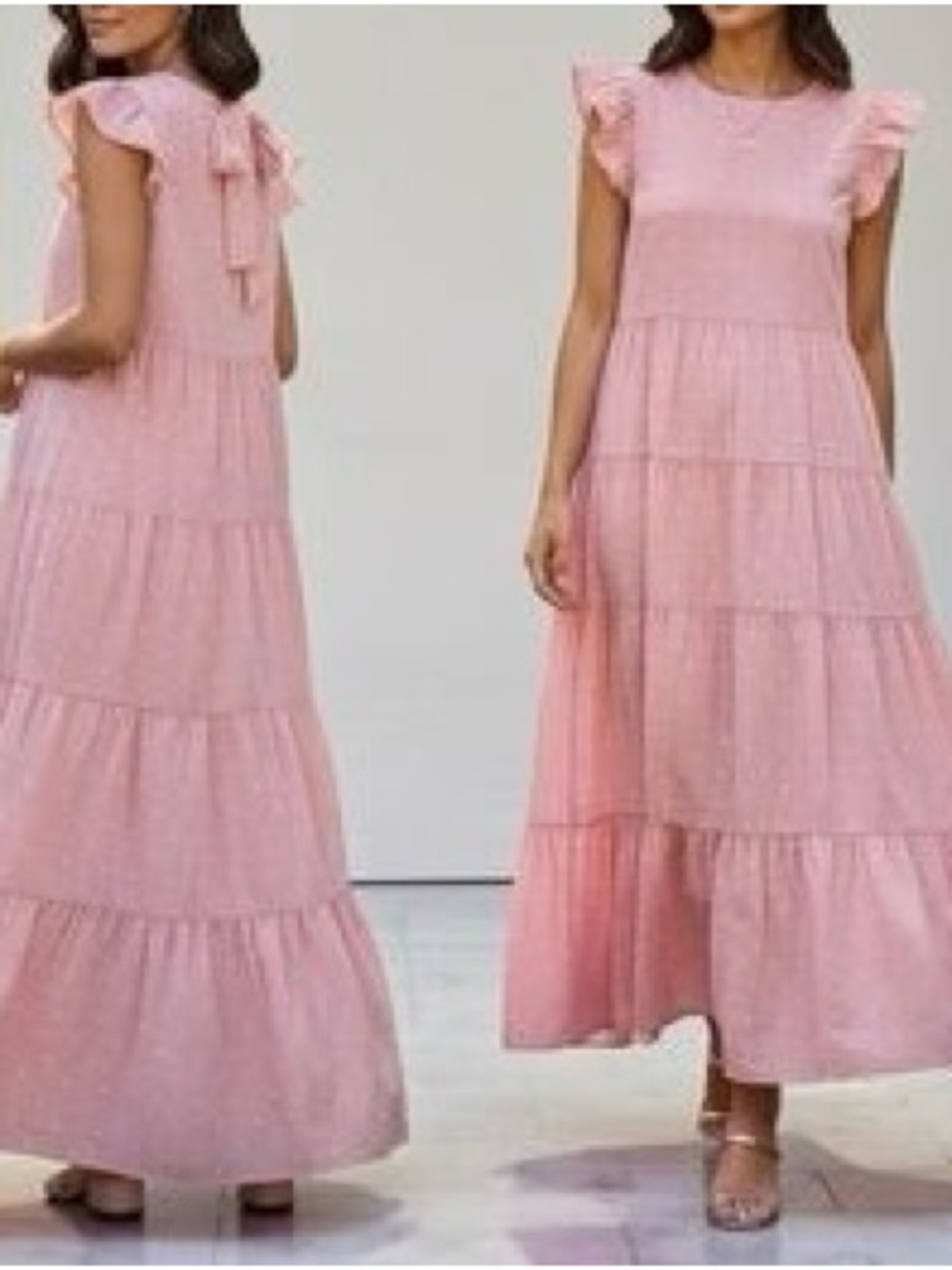English Factory Polka Dot Ruffled Tiered Maxi Dress Dusty Pink & White Small